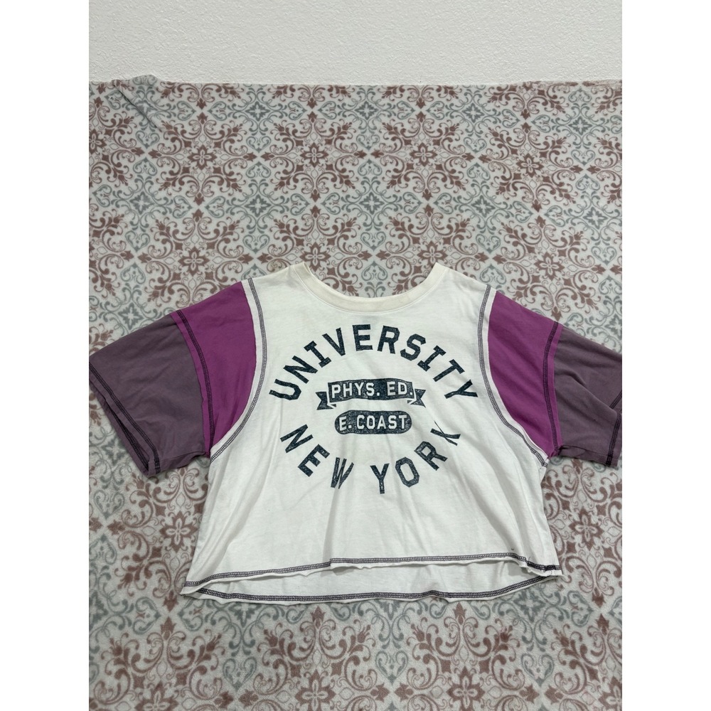 Wild Fable University New York Graphic Crop Top Colorblock Tee Purple White L
